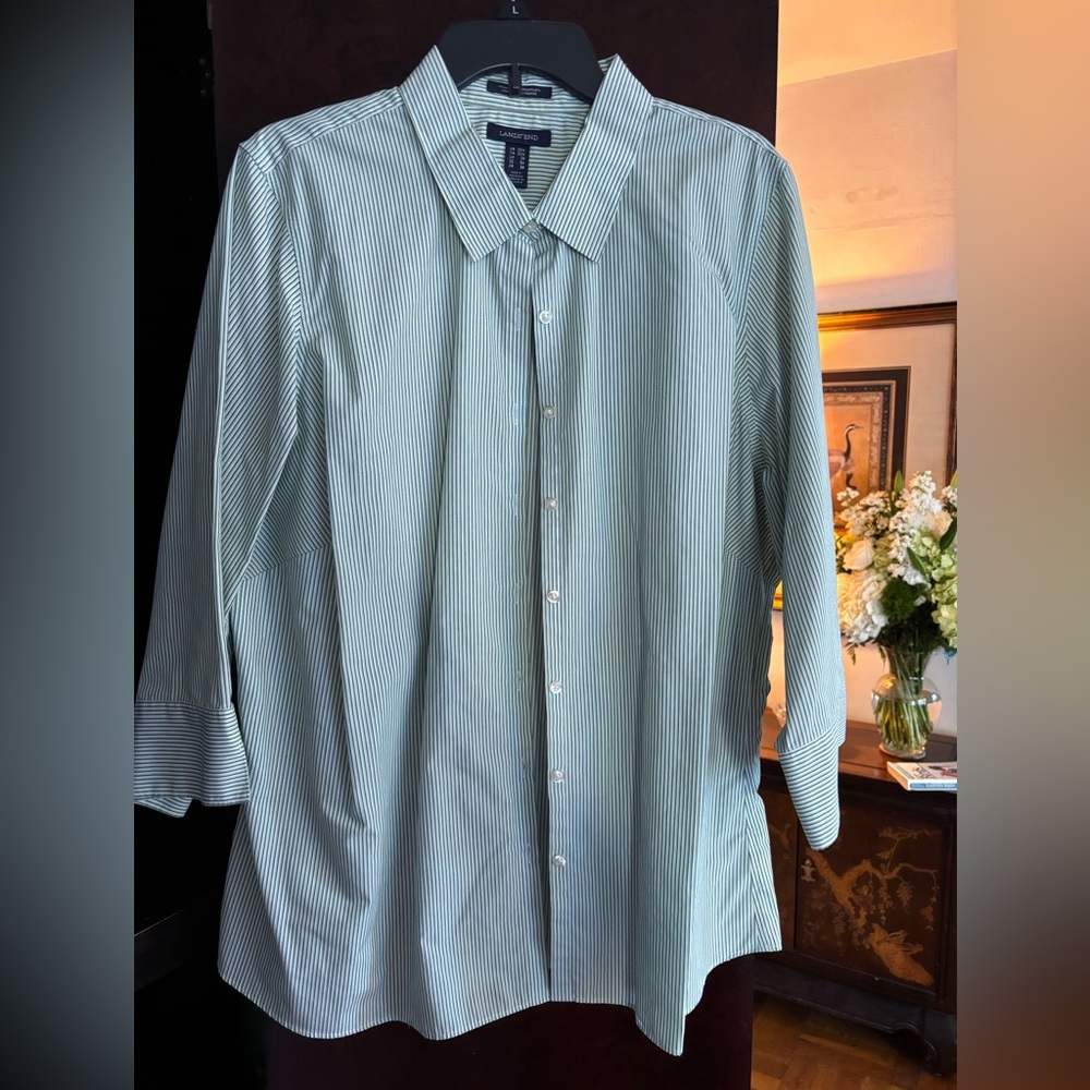 Lands End Green Striped Casual Button-Down Shirt Size 22W